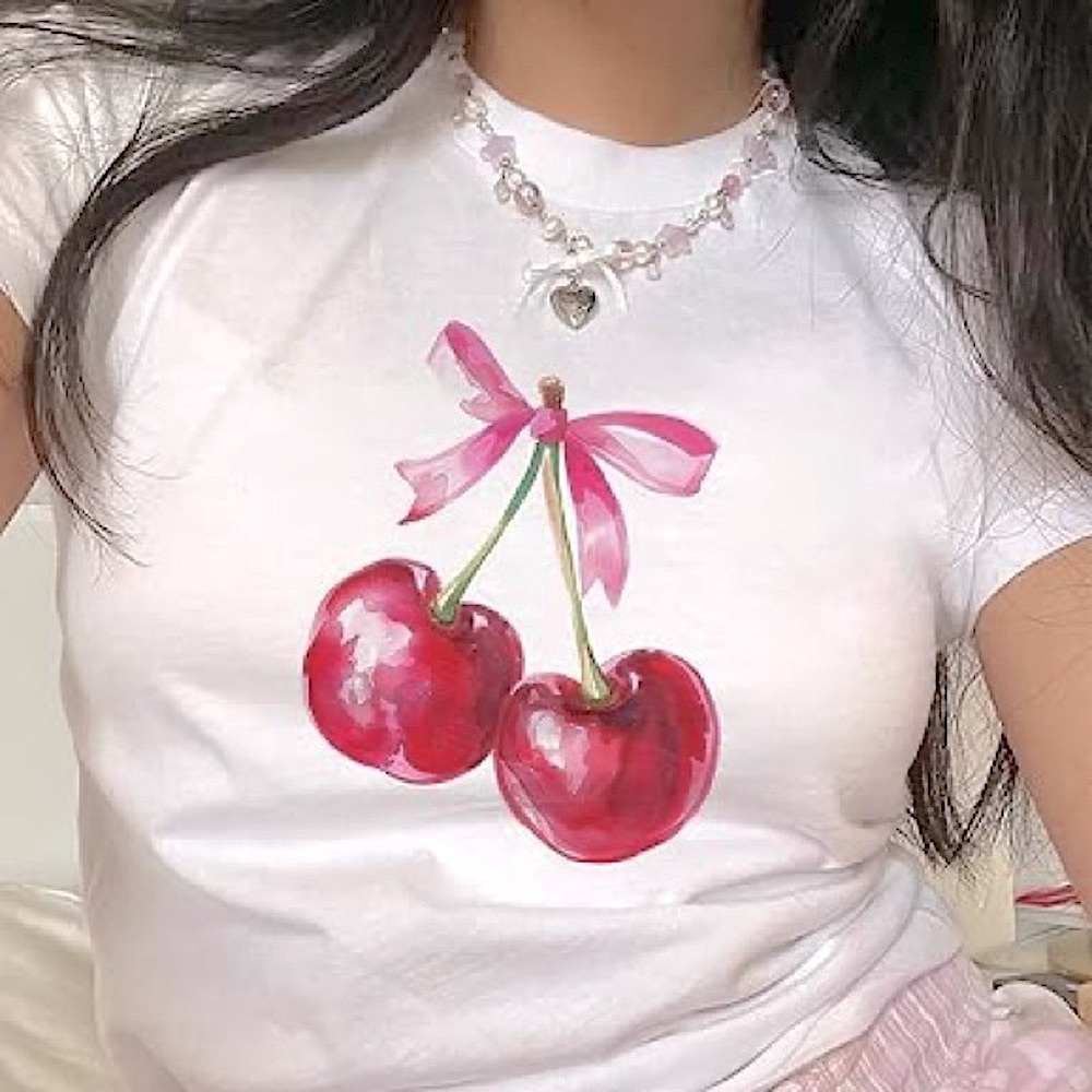 Forever 21 White Bow and Cherry Graphic Crop Top XS